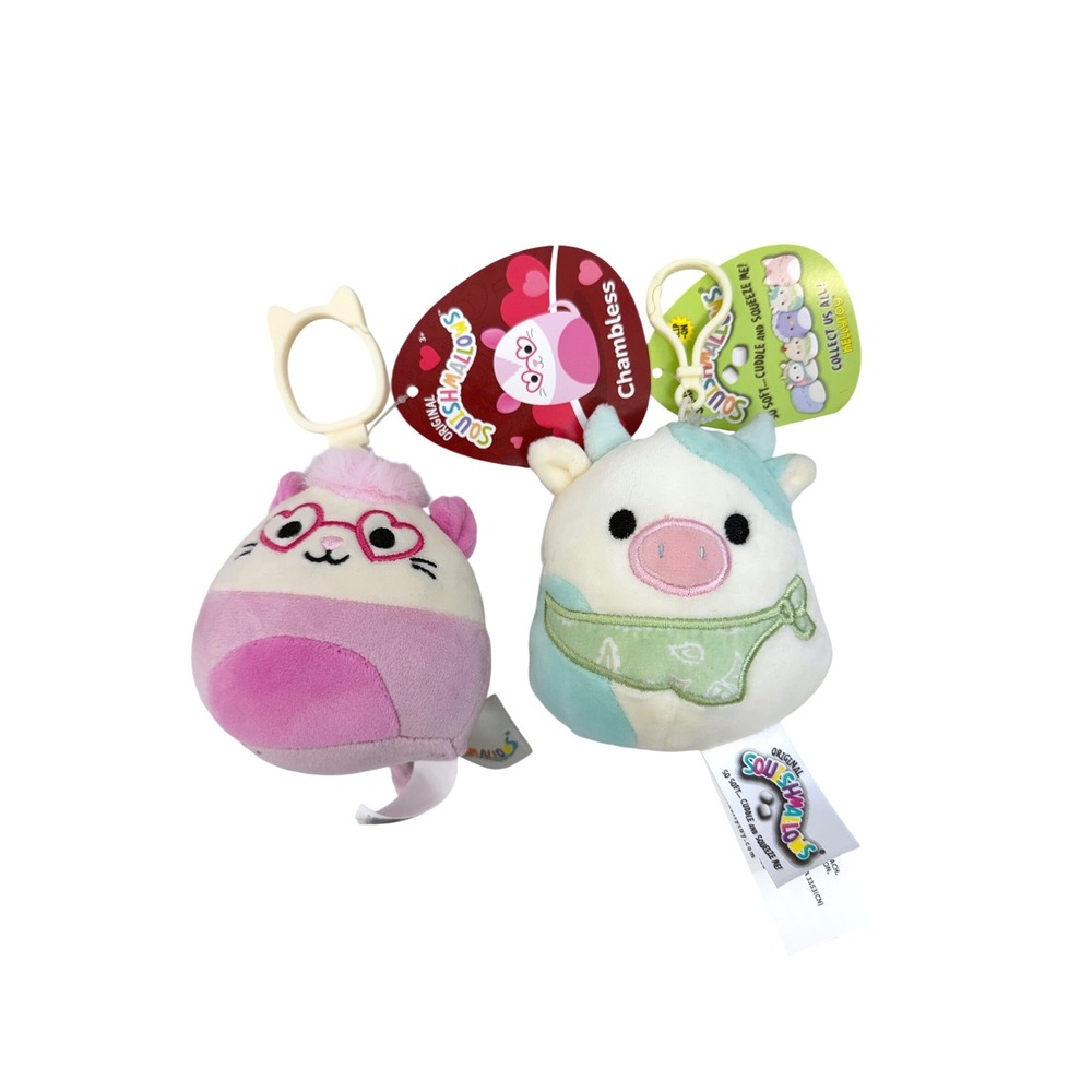 Squishmallows Chambless Cat Belana Cow Plush Backpack Clips 3.5 Inch Set of 2